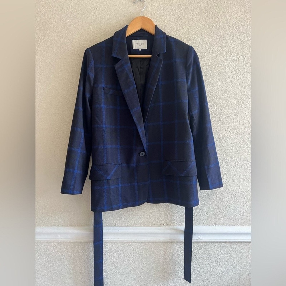 FRNCH Womens M Blue Plaid Blazer Tie Waist Tailored Jacket Chic Statement Paris